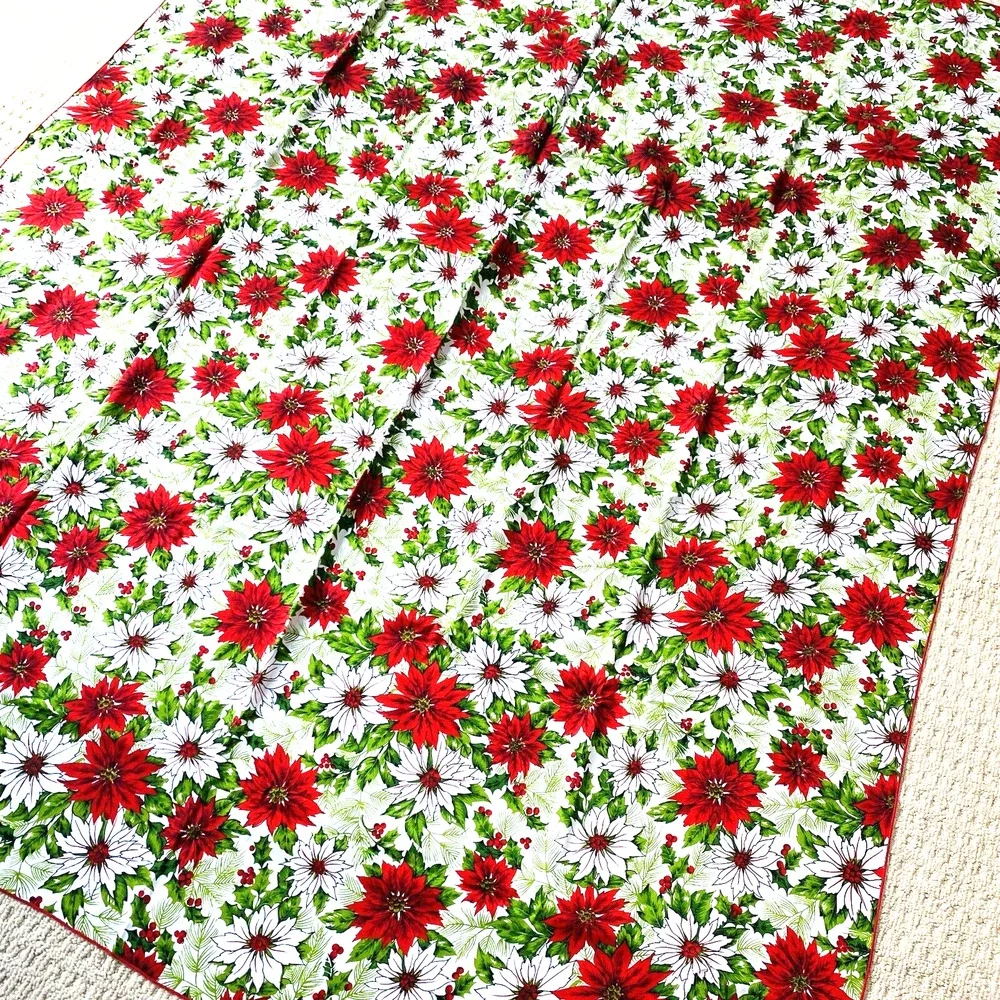Vintage Christmas Tablecloth Cotton Blend Cloth Festive Red & White Poinsettias